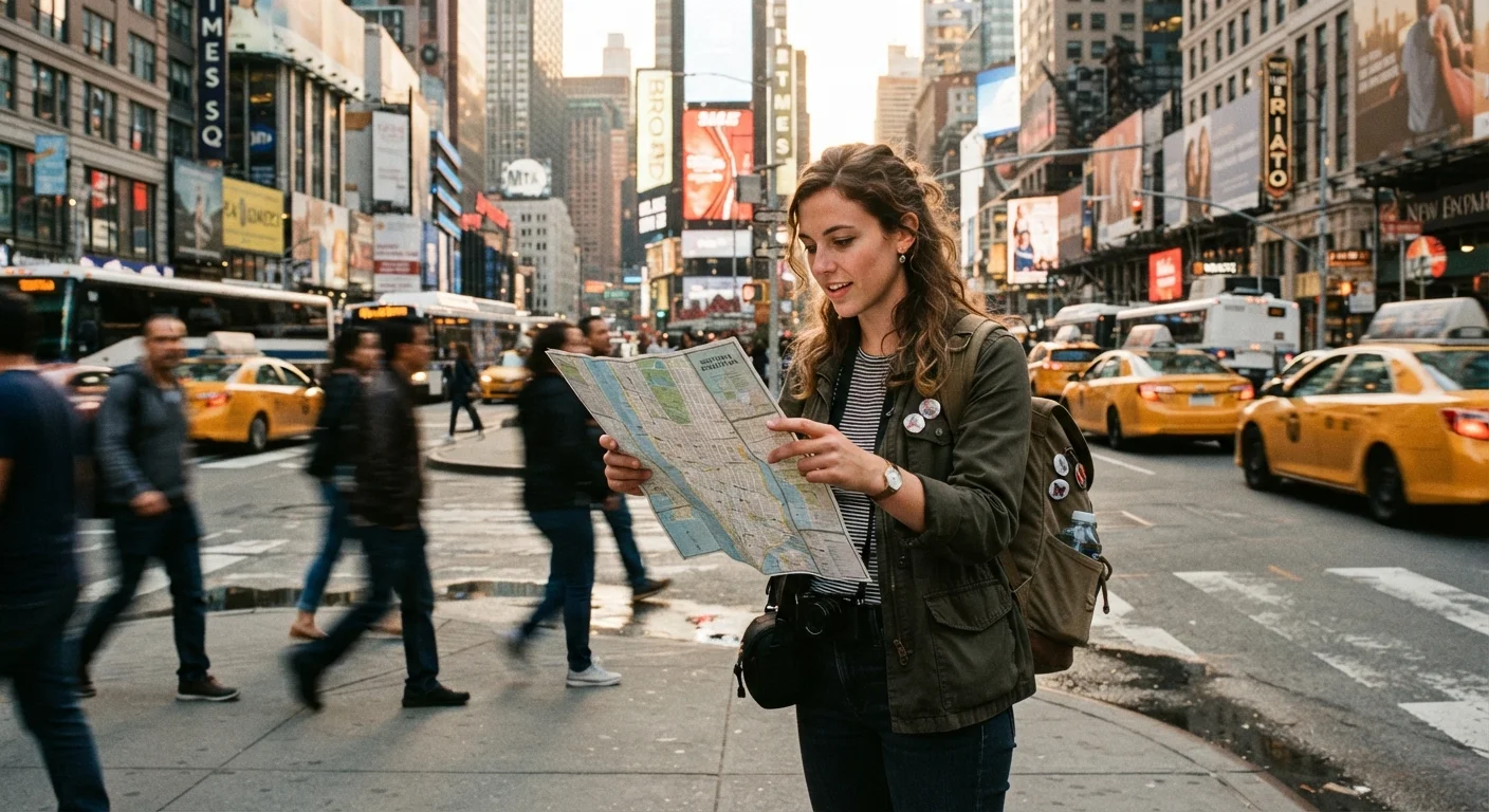 A traveler consulting a paper map at a busy city intersection with skyscrapers in the background