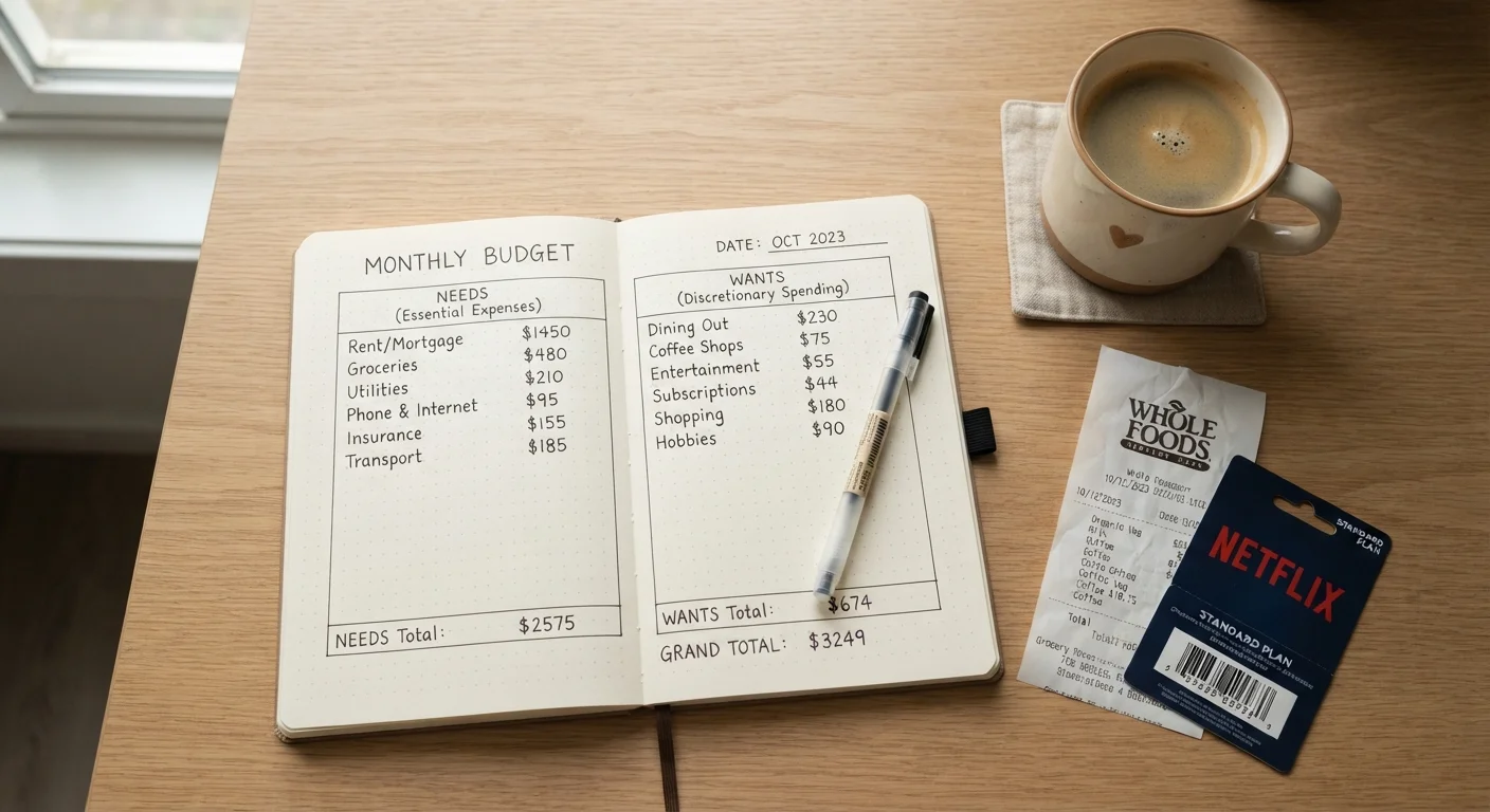 Open budgeting notebook with needs and wants columns, pen, receipt, and coffee on a desk