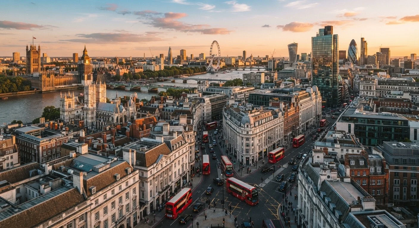 Aerial view of London's diverse neighborhoods with red double-decker buses and historic architecture at golden hour.