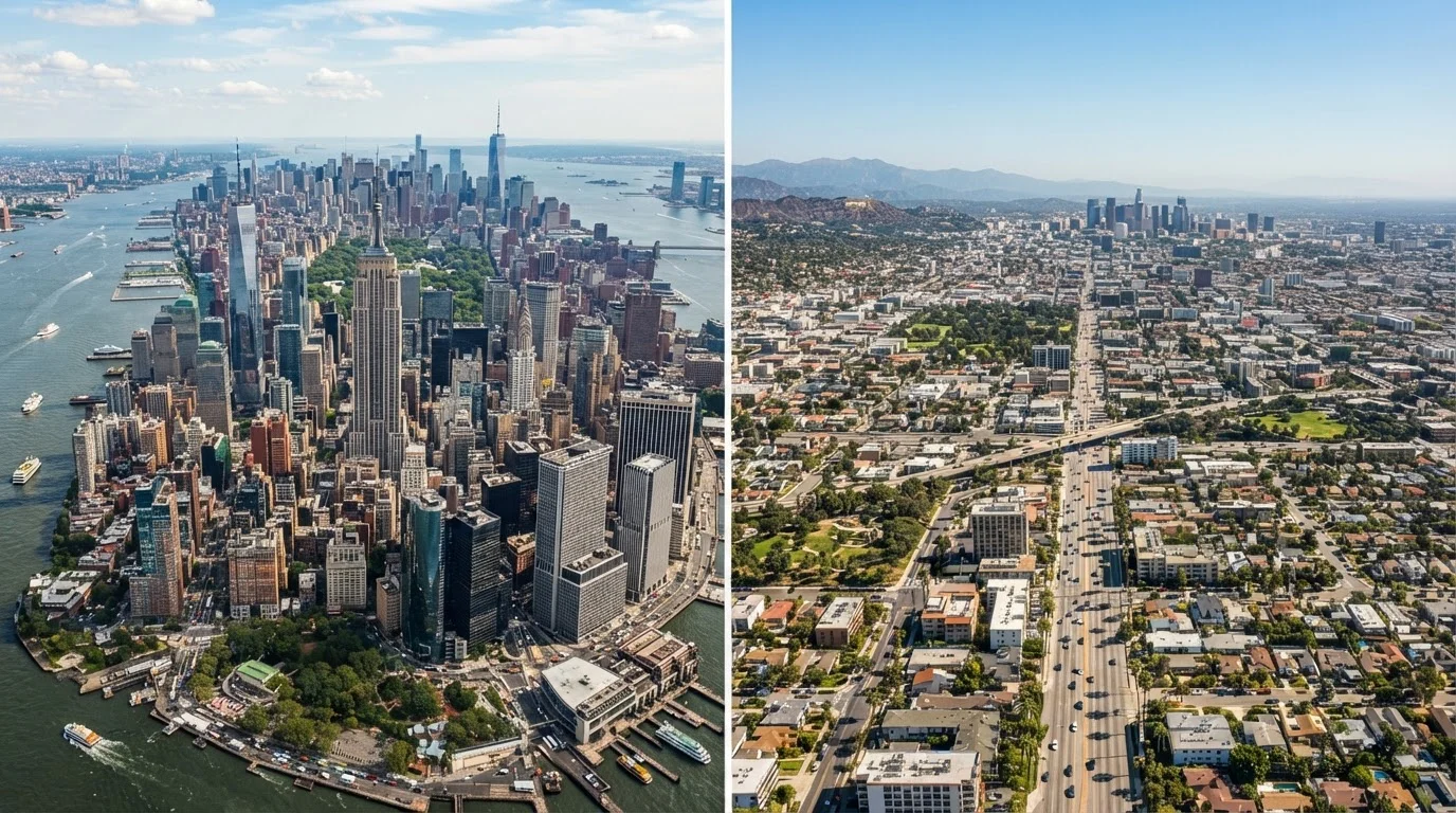 Split aerial view of Manhattan's dense skyline contrasted with Los Angeles's wide, palm-lined urban sprawl