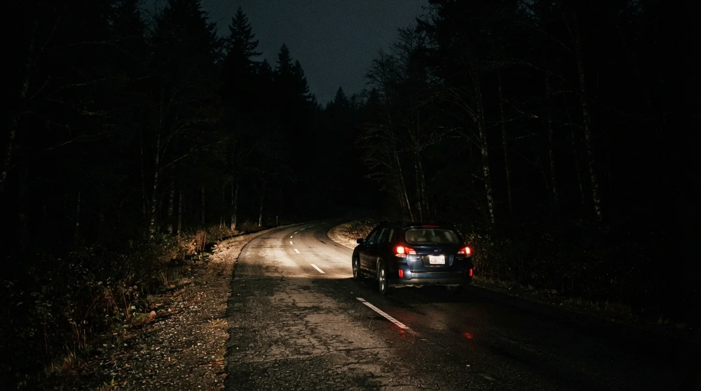 Car headlights illuminating a dark rural road at night with limited visibility ahead.