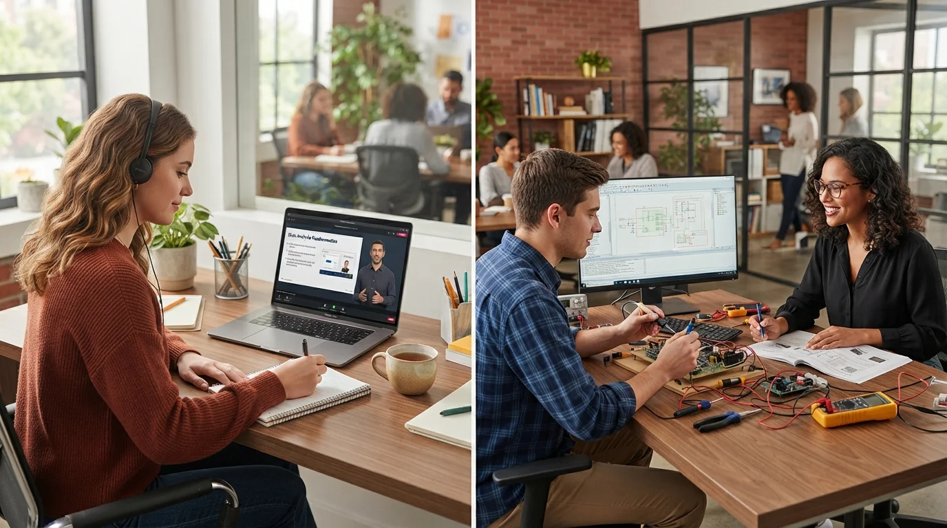 Person studying on laptop next to another person learning hands-on at work with a mentor