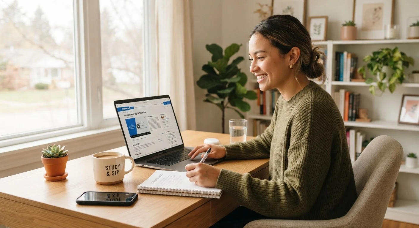 Person studying on a laptop at a tidy home desk with notes and coffee nearby.
