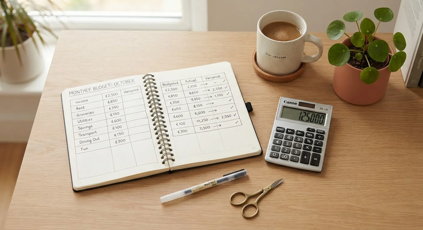 Organized desk with open budget notebook, calculator, and coffee mug in warm light
