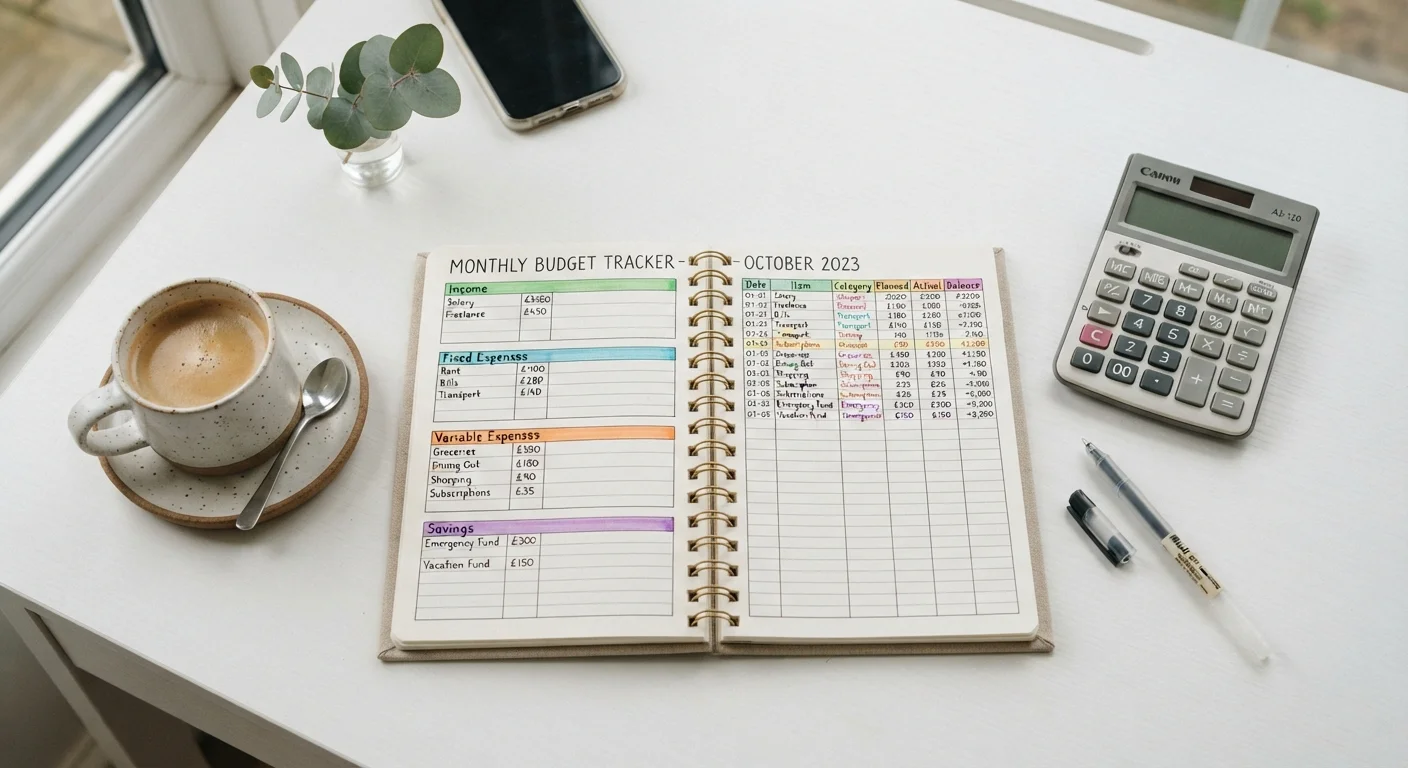 Open budget notebook with colorful spending categories, calculator, and pen on a clean white desk