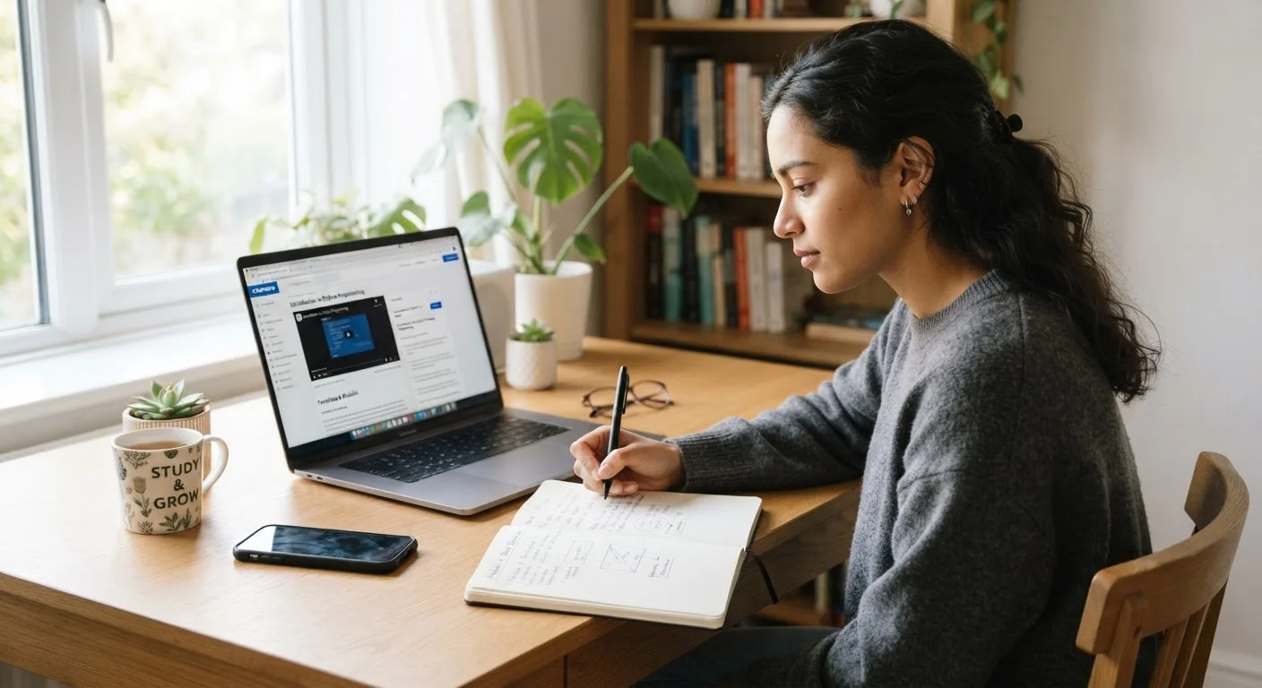 Person reviewing an online programme on a laptop while taking notes at a tidy desk.