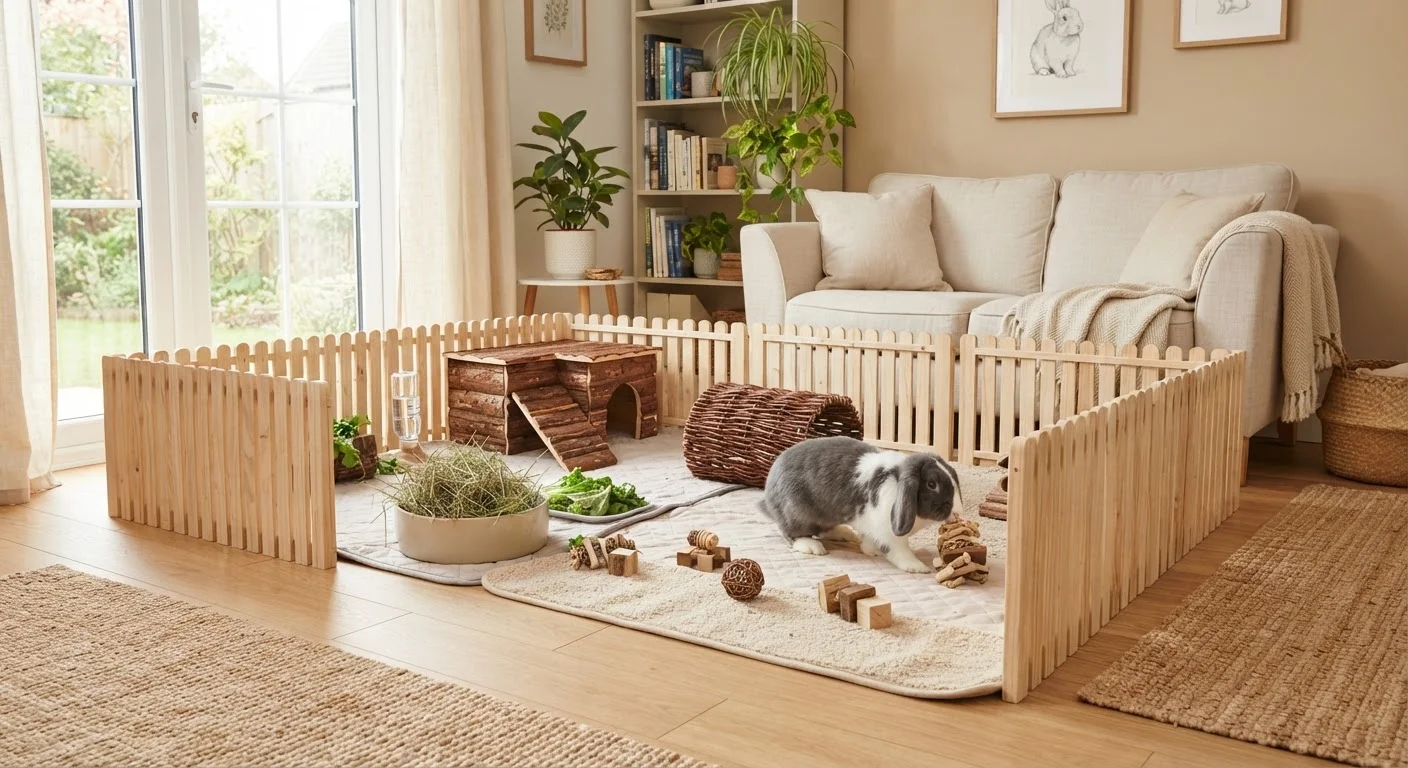 A domestic rabbit exploring a spacious, enriched indoor living area with tunnels and hay