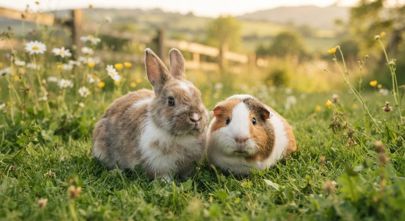 A domestic rabbit and a guinea pig sitting side by side on green grass