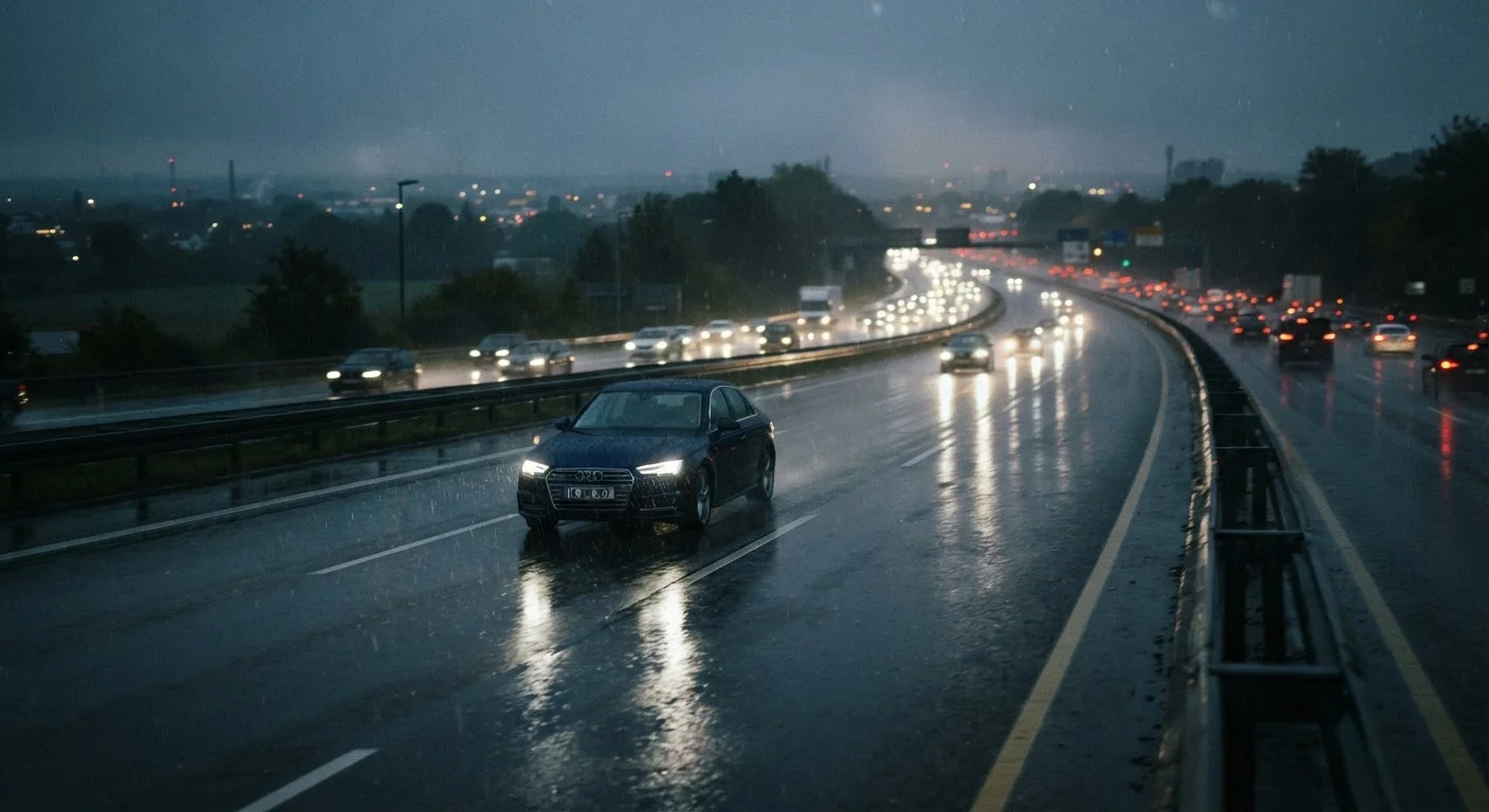 A car driving carefully on a rain-soaked highway in misty, low-visibility conditions