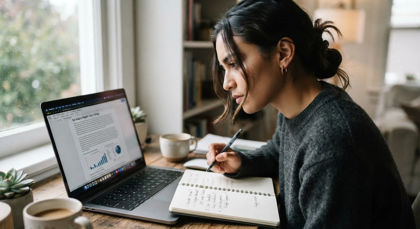 Person reading an online course description on a laptop with notes nearby