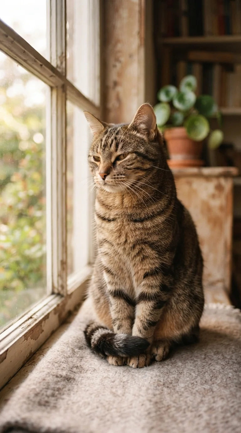 A relaxed tabby cat sitting with its tail wrapped around its paws, ears forward, soft eyes