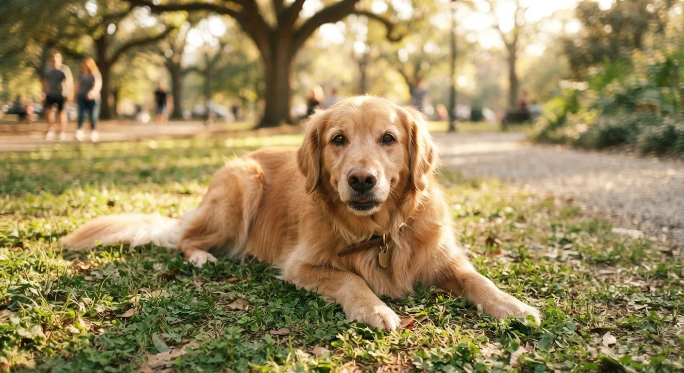 Golden retriever with relaxed posture and soft expression standing in a sunny park