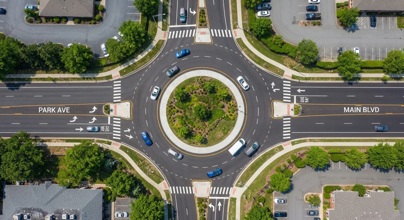 Aerial view of a multi-lane roundabout with vehicles circulating in an orderly flow