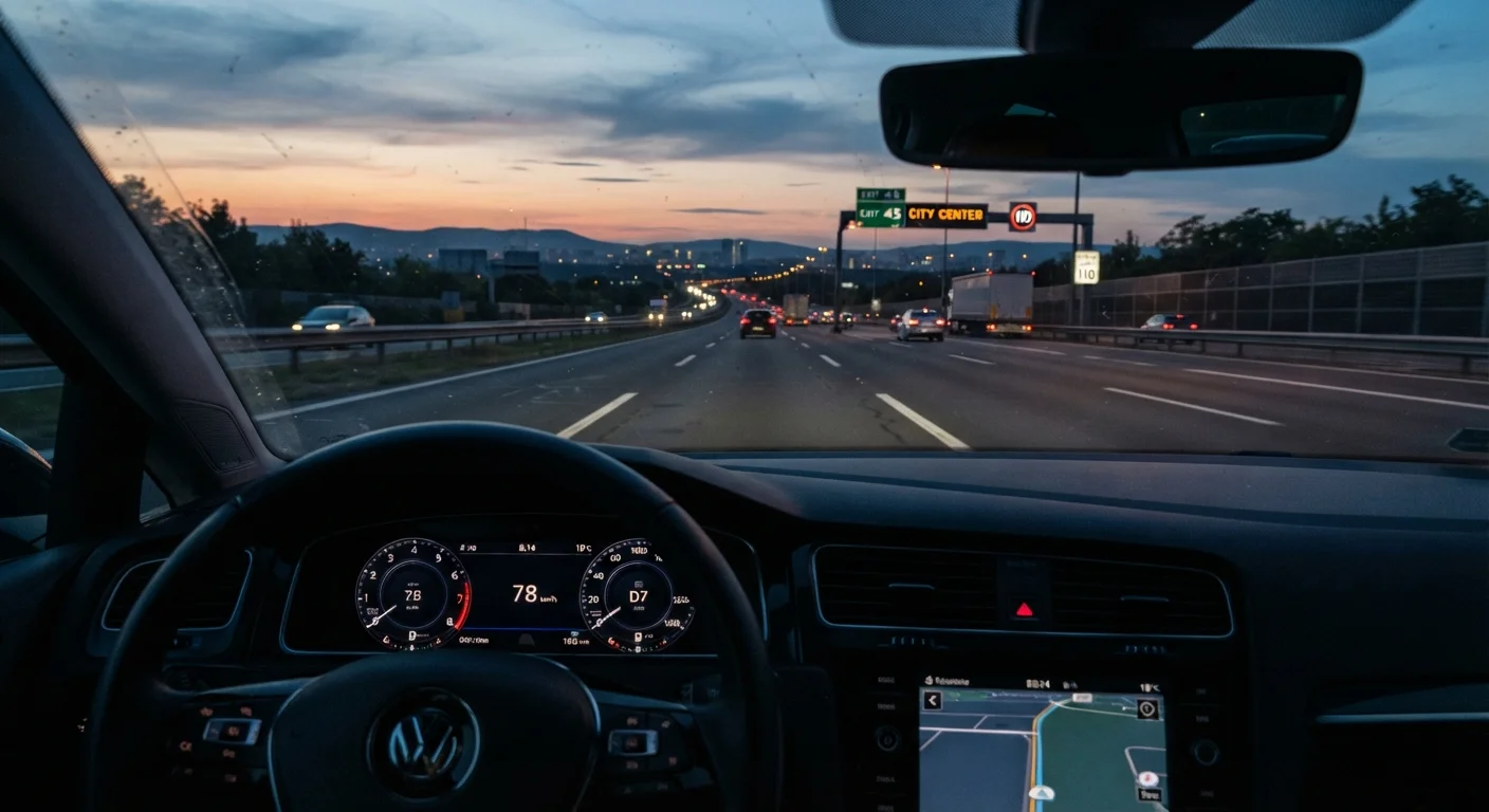 Driver's view from inside a car on a multi-lane highway at dusk with light traffic ahead