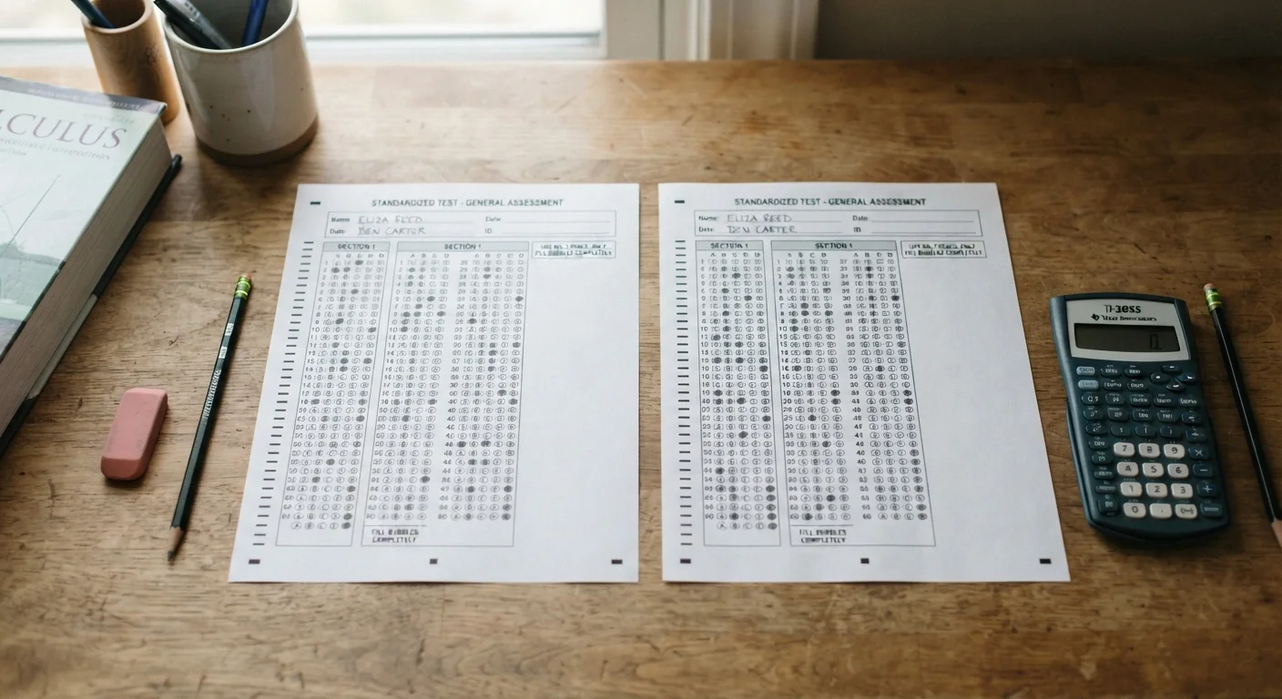 Two standardized test answer sheets placed side by side on a desk with pencils