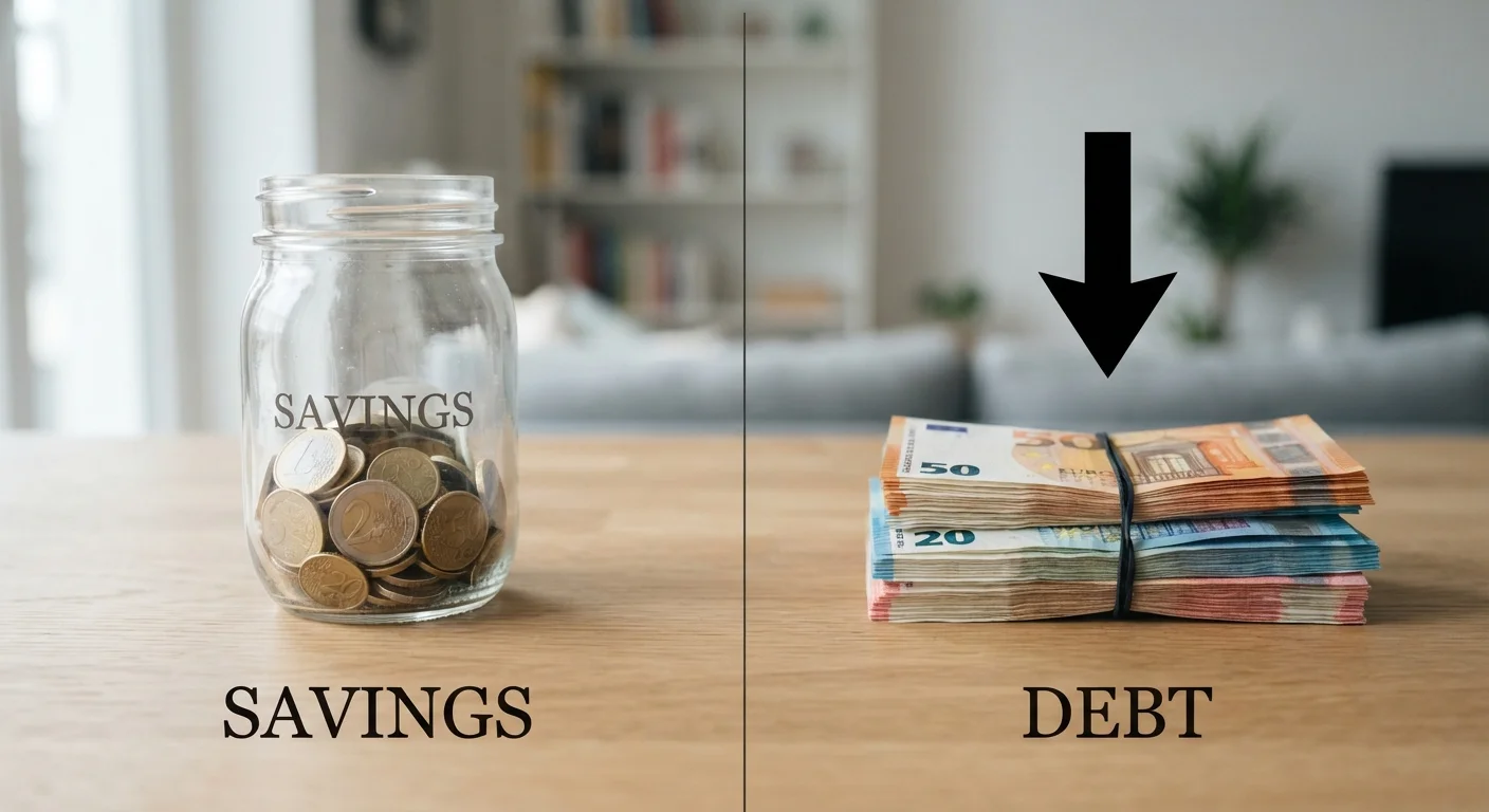 A glass savings jar with coins beside a stack of bills representing debt repayment choice