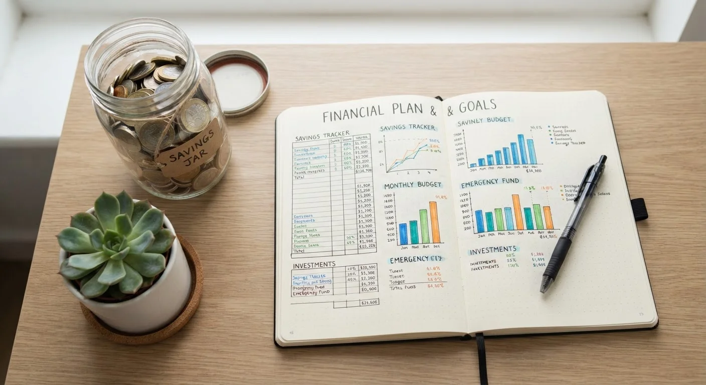 Glass jar of coins beside a financial planning notebook and pen on a wooden desk