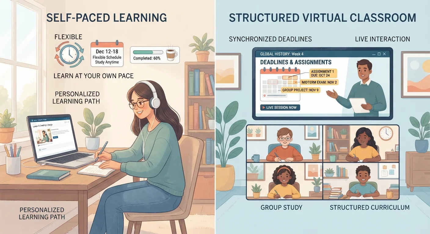 Split illustration contrasting solo self-paced study with a structured group cohort learning environment