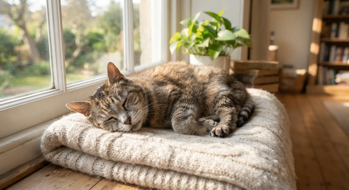 A senior cat with greying fur resting peacefully on a soft blanket by a sunlit window