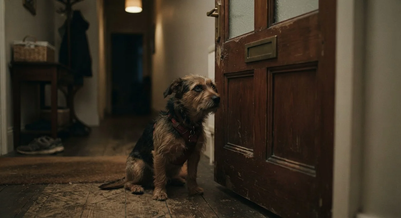 A dog sitting alone by a front door looking anxious and sad after owner has left