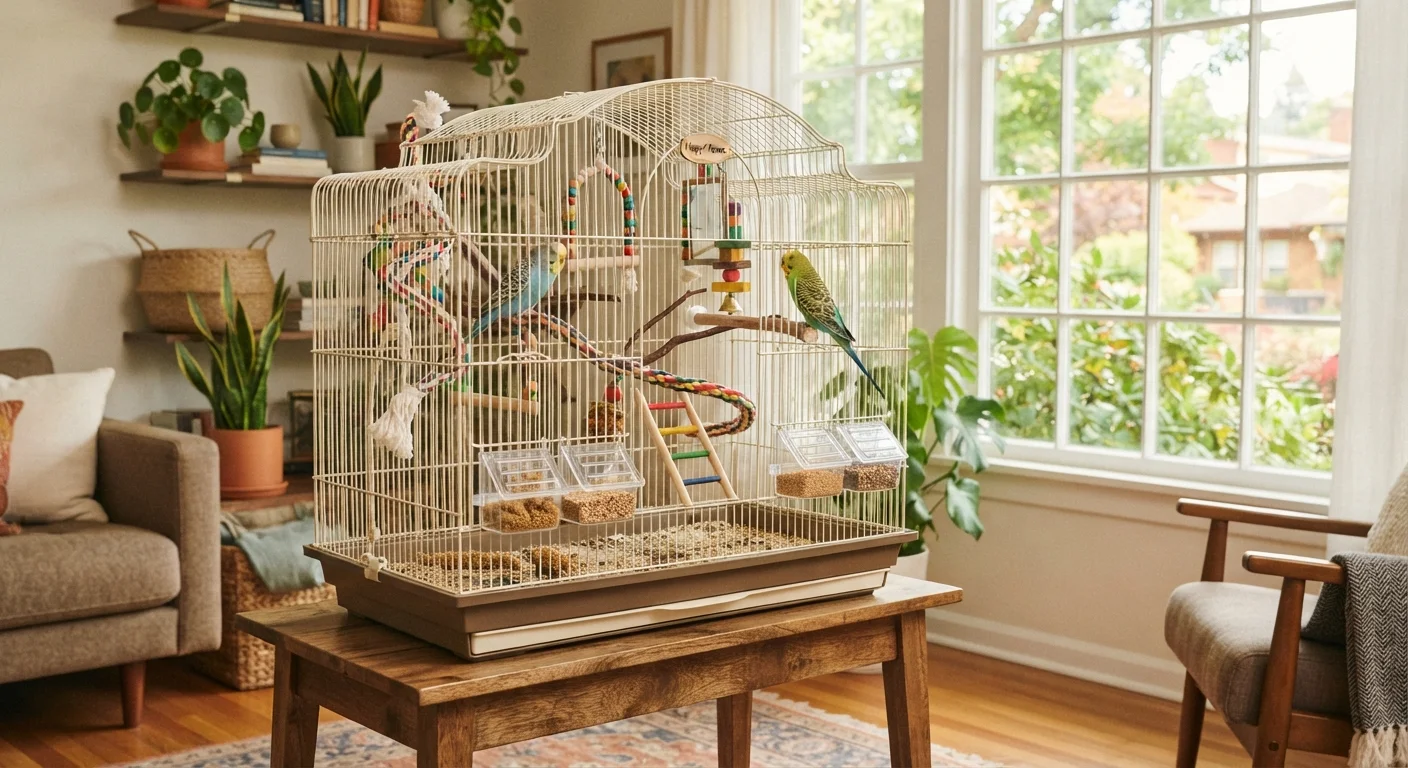 A well-equipped budgerigar cage with perches, toys, and food bowls near a window.
