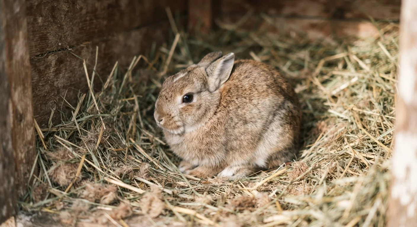 A small rabbit sitting hunched in its enclosure, showing subtle signs of discomfort