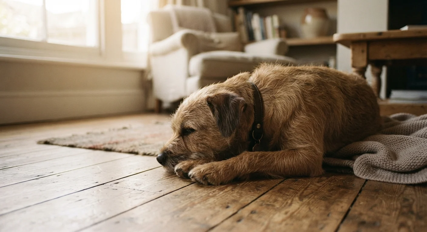 A dog lying quietly on a wooden floor with a subdued, withdrawn posture suggesting discomfort