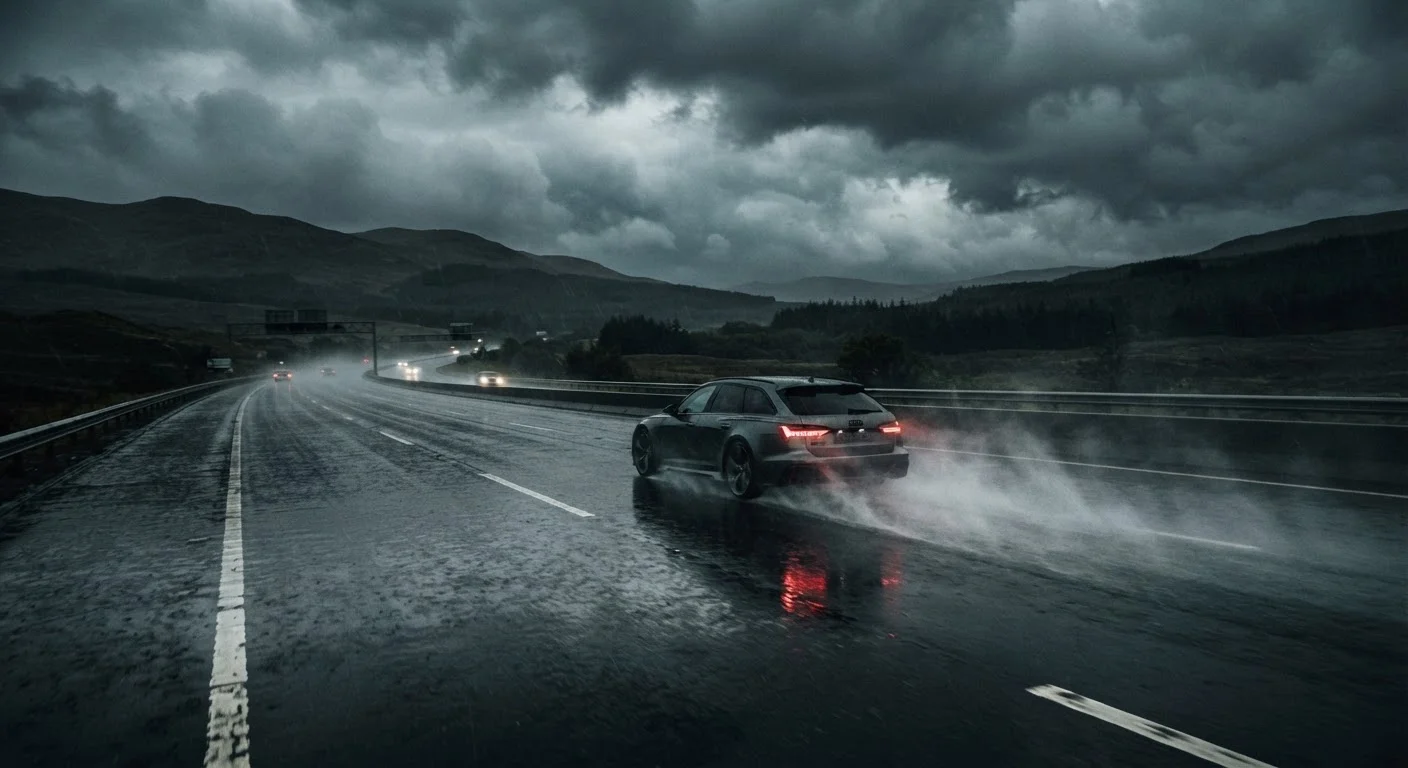 A car driving on a wet, rain-soaked highway with water spray and reflective road surface