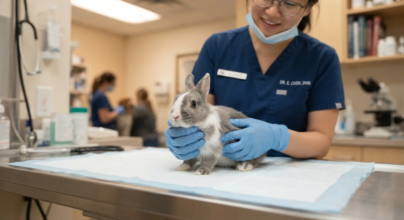 A rabbit being examined on a veterinary table by a veterinarian wearing gloves.