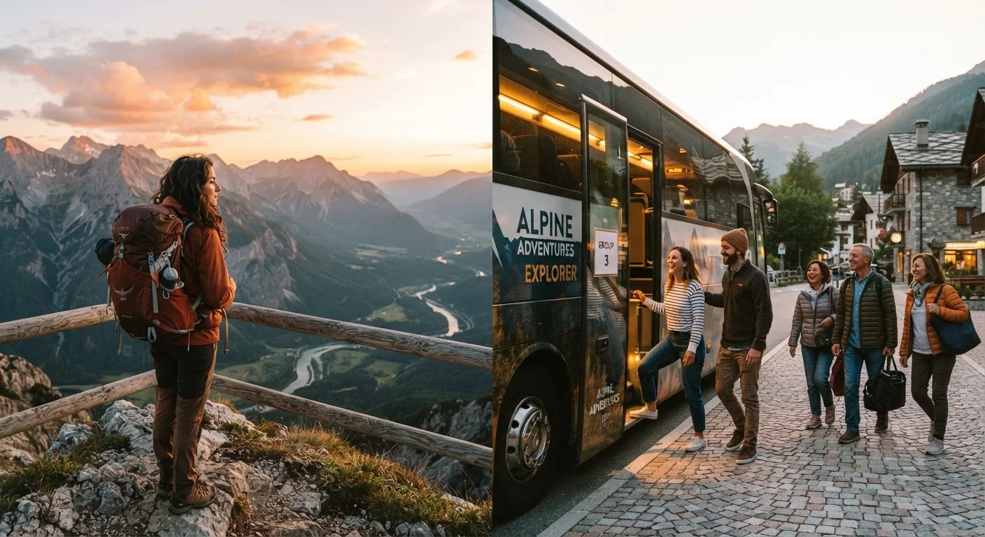 A solo traveler at a mountain overlook contrasted with a group boarding a tour bus