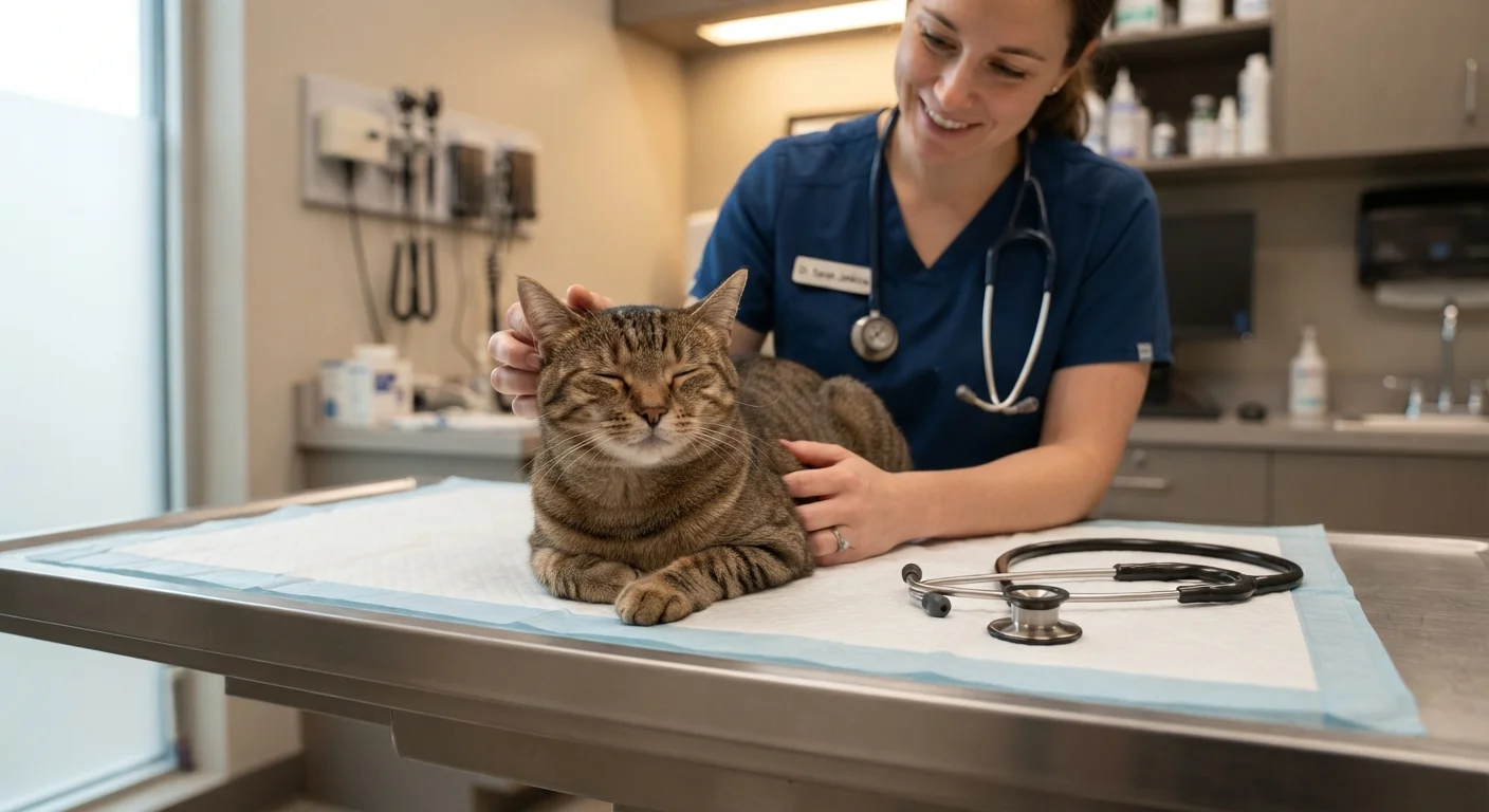 A calm tabby cat resting on a veterinary examination table with a stethoscope nearby