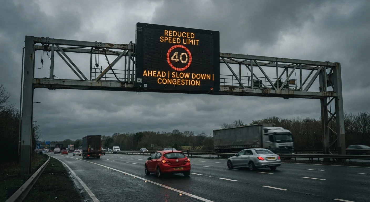 Variable message speed limit sign mounted on a highway gantry above multiple lanes of traffic