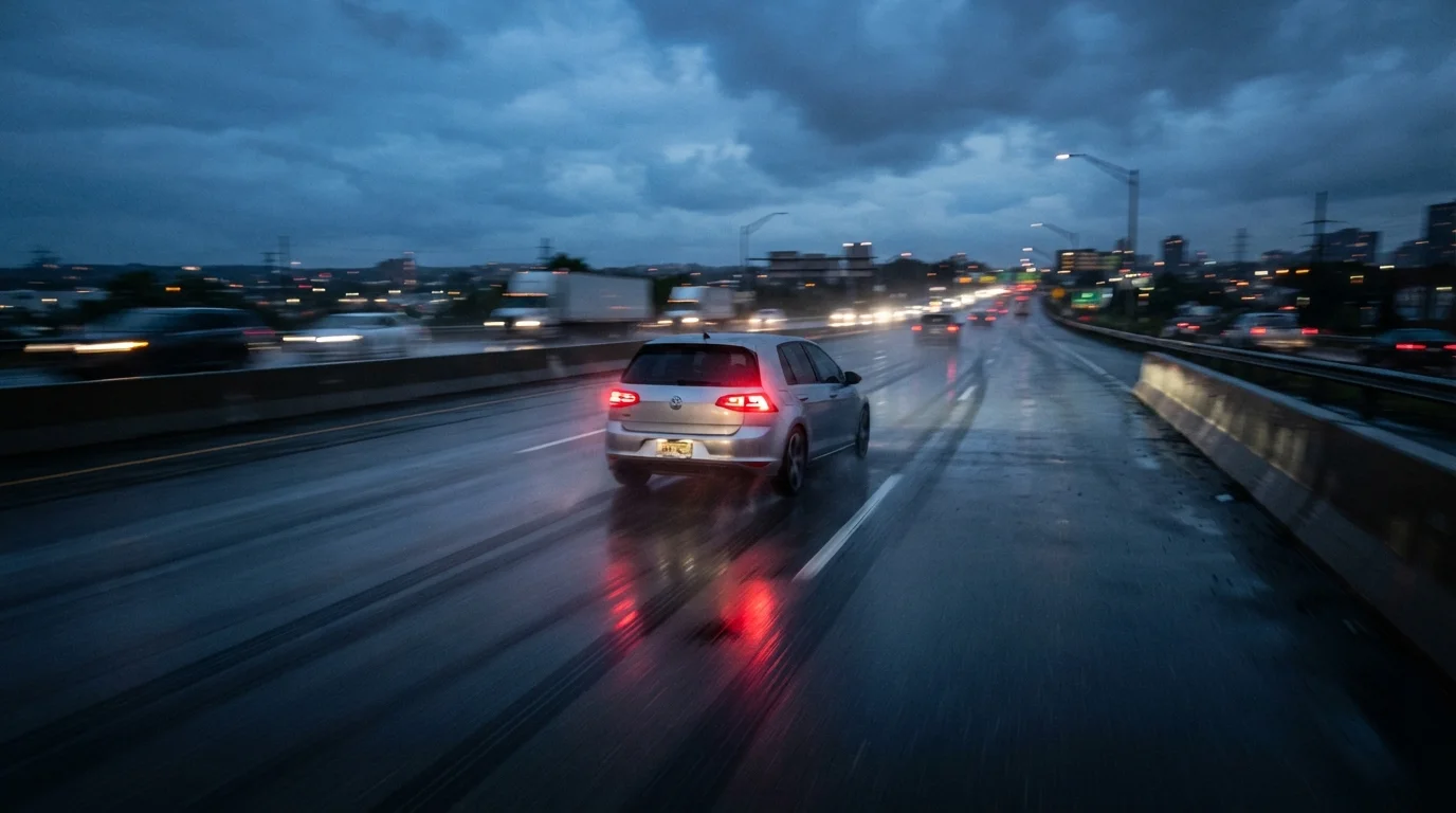 Car braking hard on a wet highway at dusk with visible tire marks on asphalt