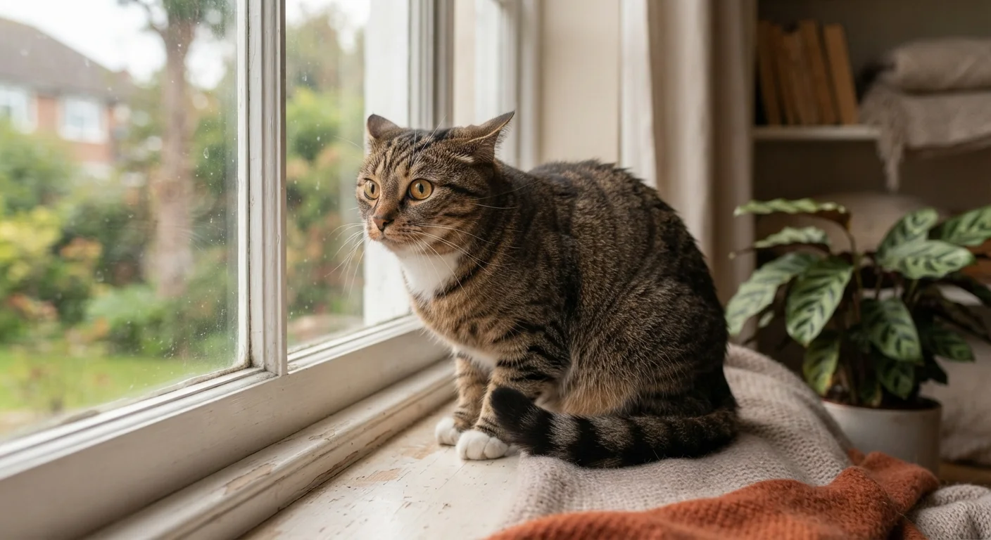 A cat with flattened ears and wide eyes sitting tensely on a windowsill indoors
