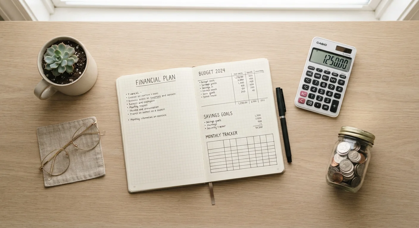 Notebook, calculator, pen, and jar of coins arranged neatly on a wooden desk