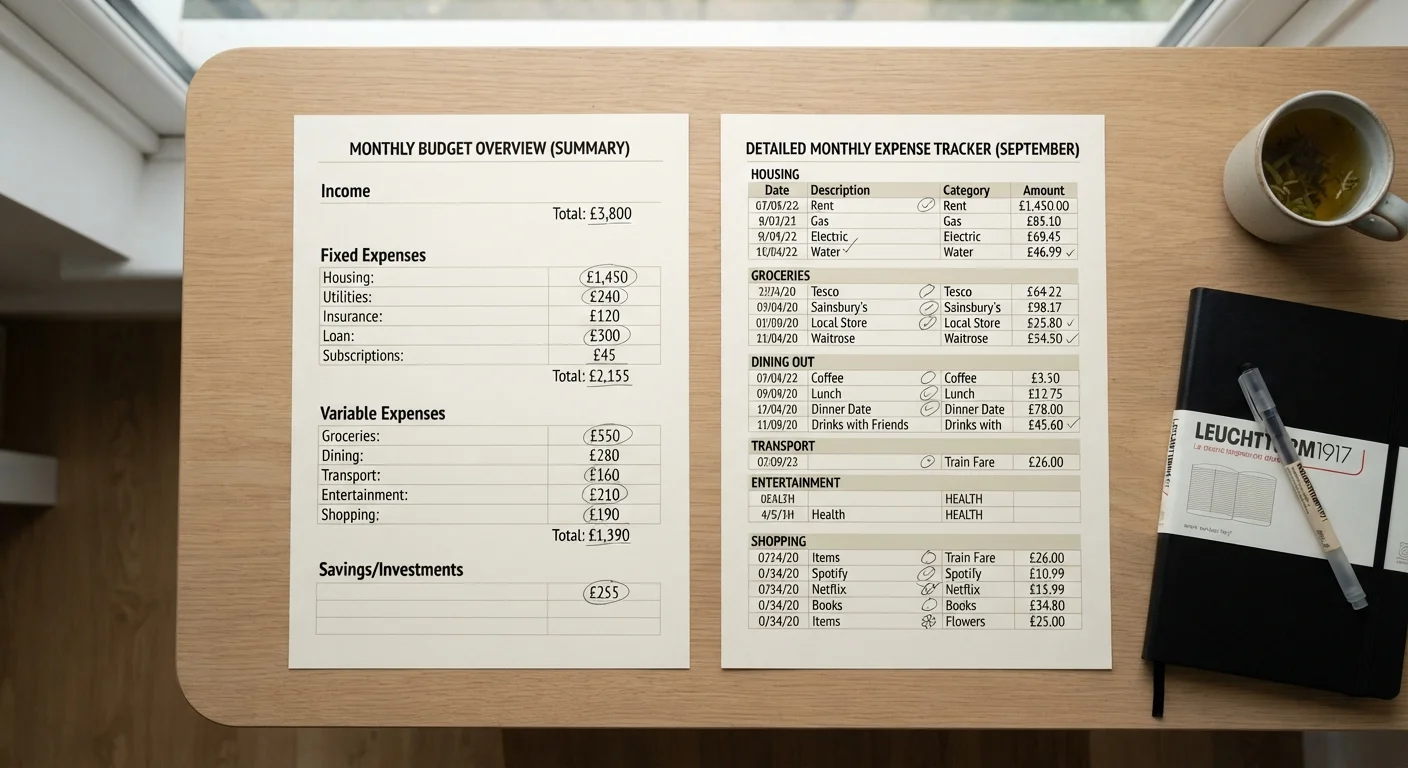 Two budget worksheets laid side by side on a desk, representing different budgeting approaches