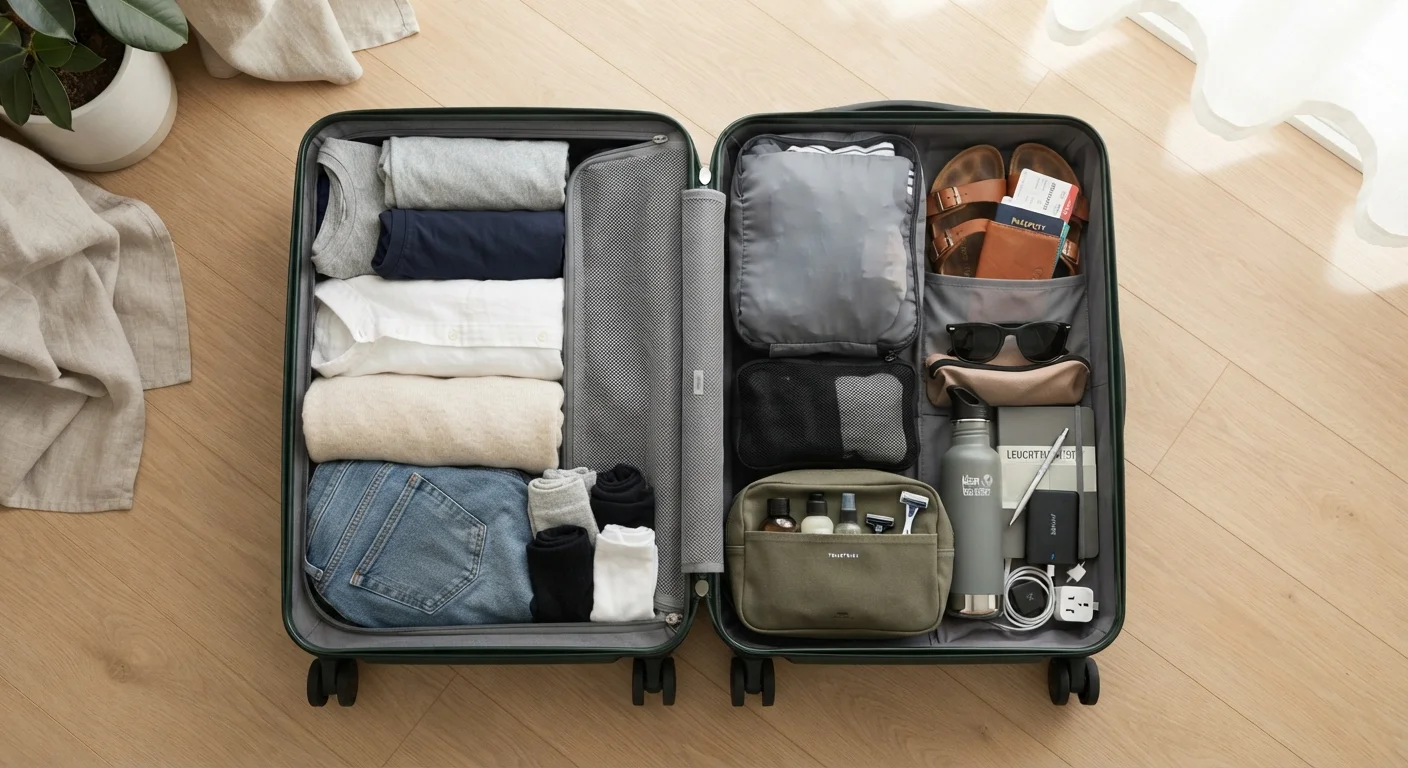 Open carry-on bag neatly packed with packing cubes, rolled clothes, and travel essentials