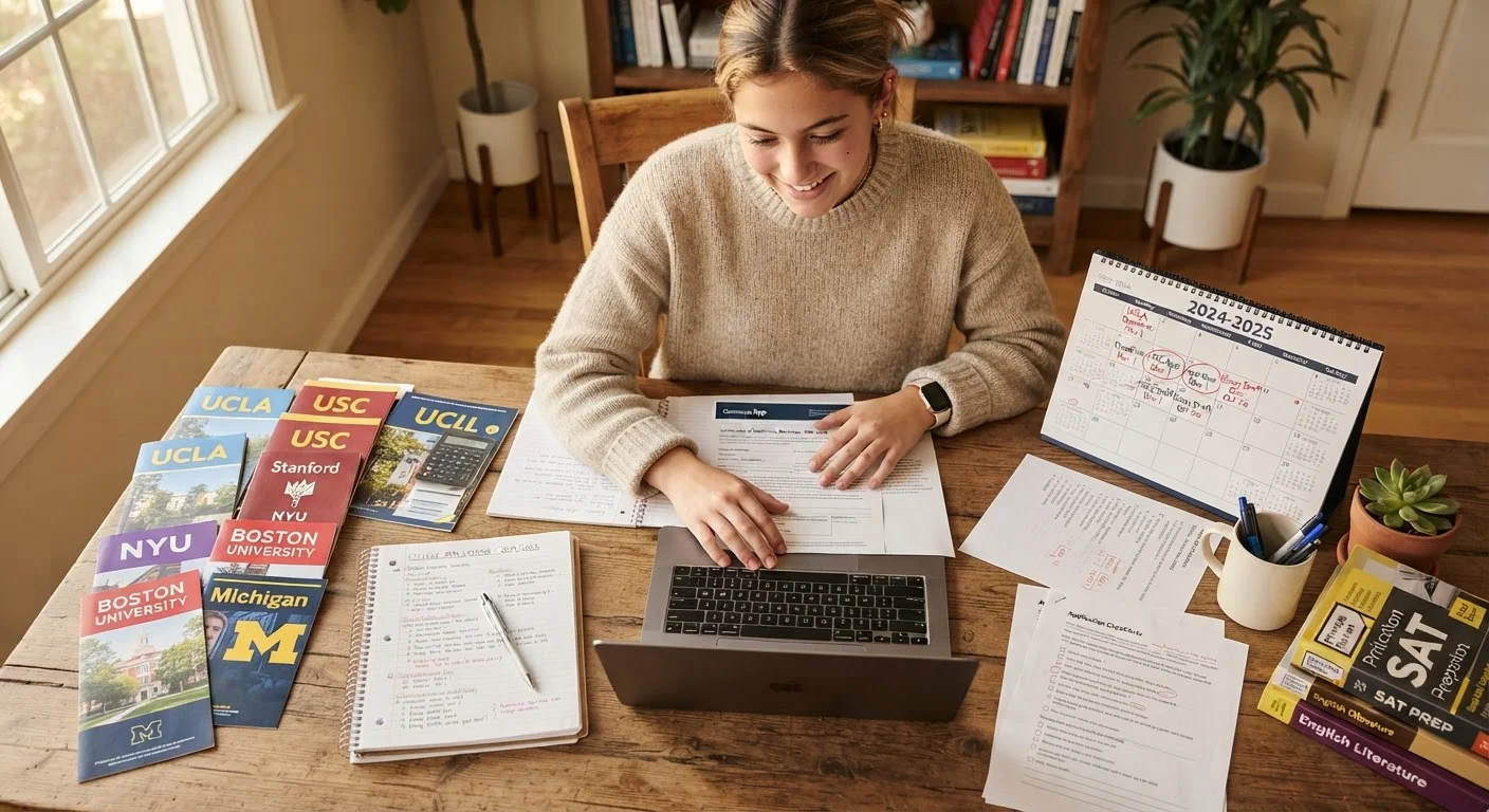High school student reviewing college application materials at a desk with a calendar and laptop