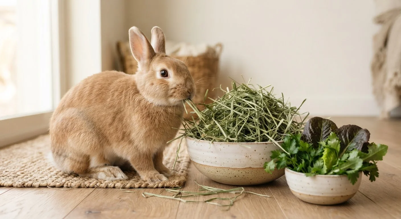 A brown and white rabbit next to a pile of hay and a bowl of leafy greens