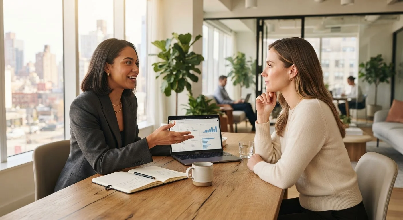 Two professionals having a focused, attentive conversation in a modern office setting