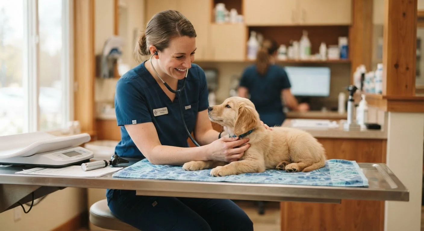 Veterinarian examining a puppy on a clinic exam table during a wellness visit.