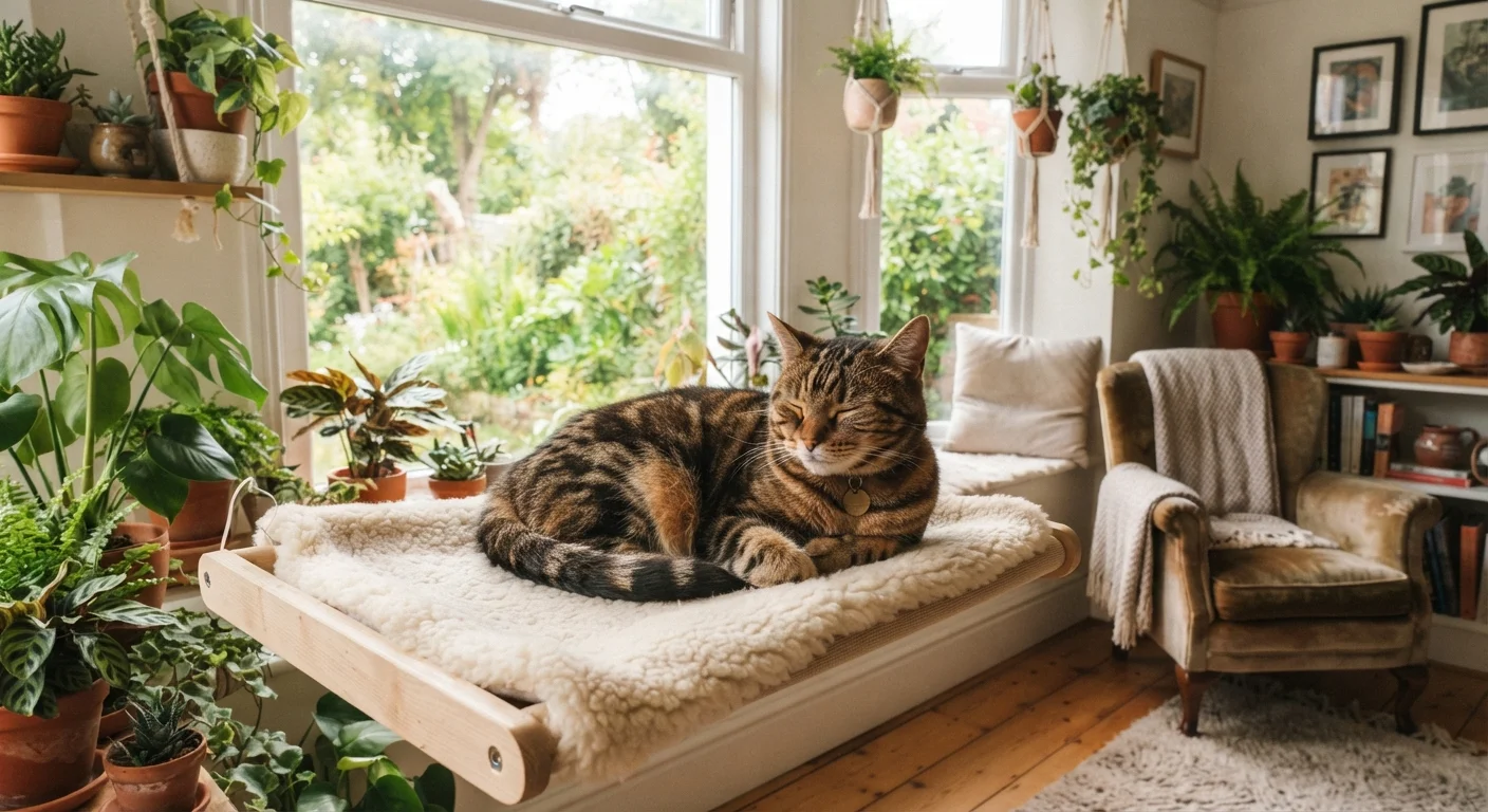 A tabby cat resting on a window perch inside a bright, plant-decorated home