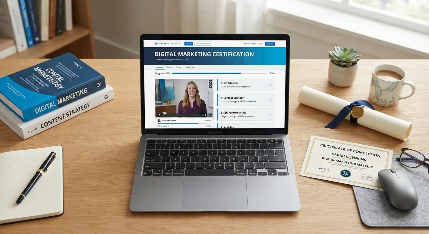 Laptop displaying an online course next to stacked books, a diploma, and a certificate