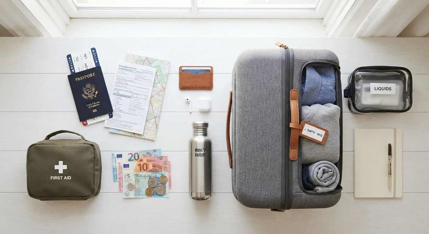 Overhead view of travel essentials including passport, boarding pass, documents, and carry-on bag laid out neatly.