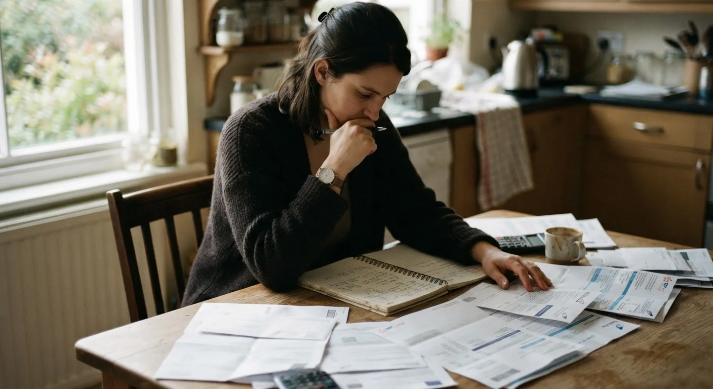 Person at kitchen table reviewing bills and financial documents with a notebook