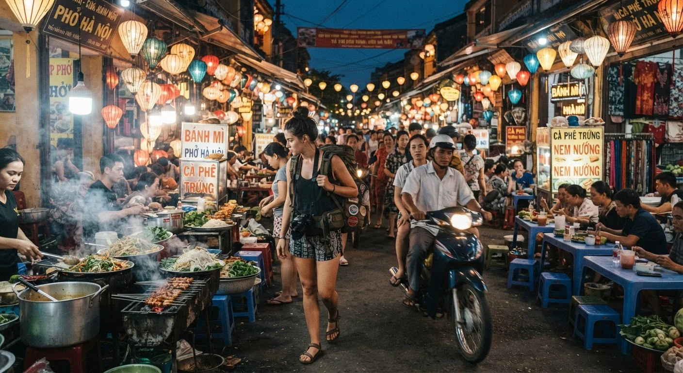 Budget backpacker exploring a busy Southeast Asian night market with glowing food stalls