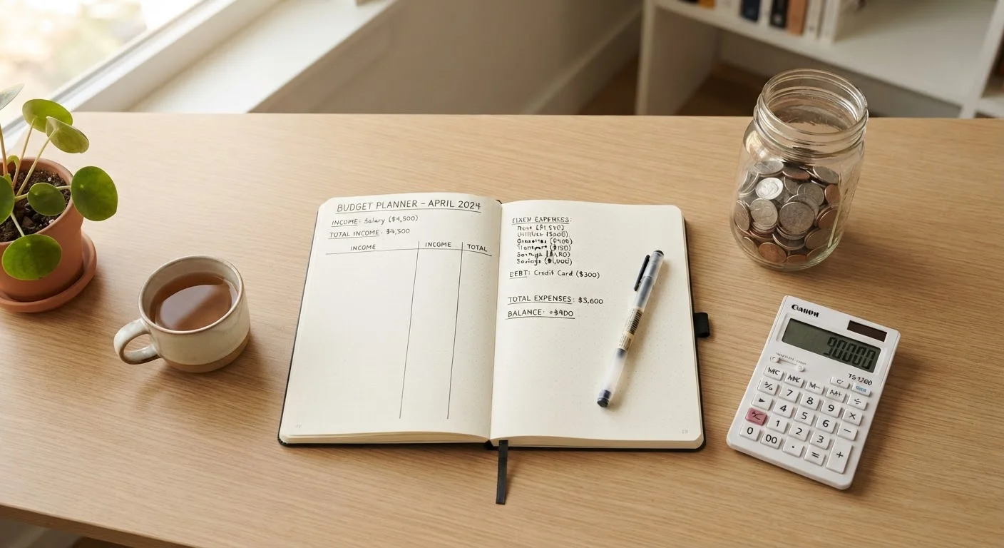 Open budget notebook beside a coin jar and calculator on a tidy desk