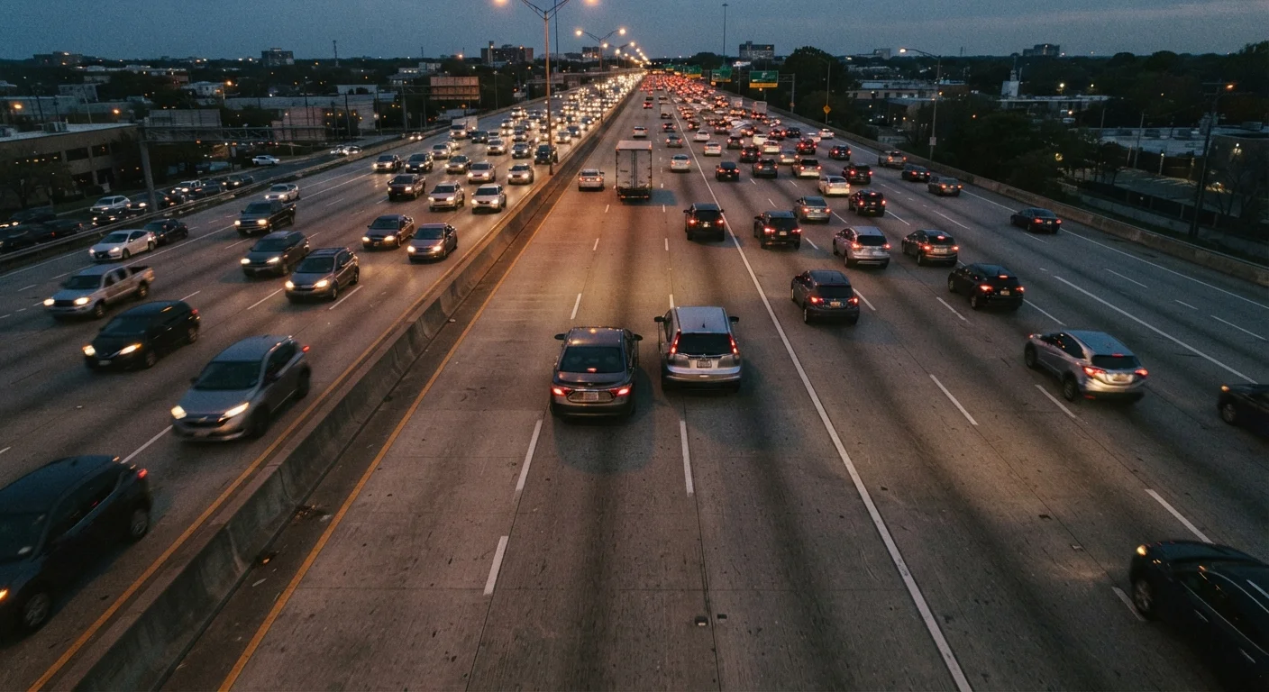 Two cars following dangerously close together on a highway at dusk