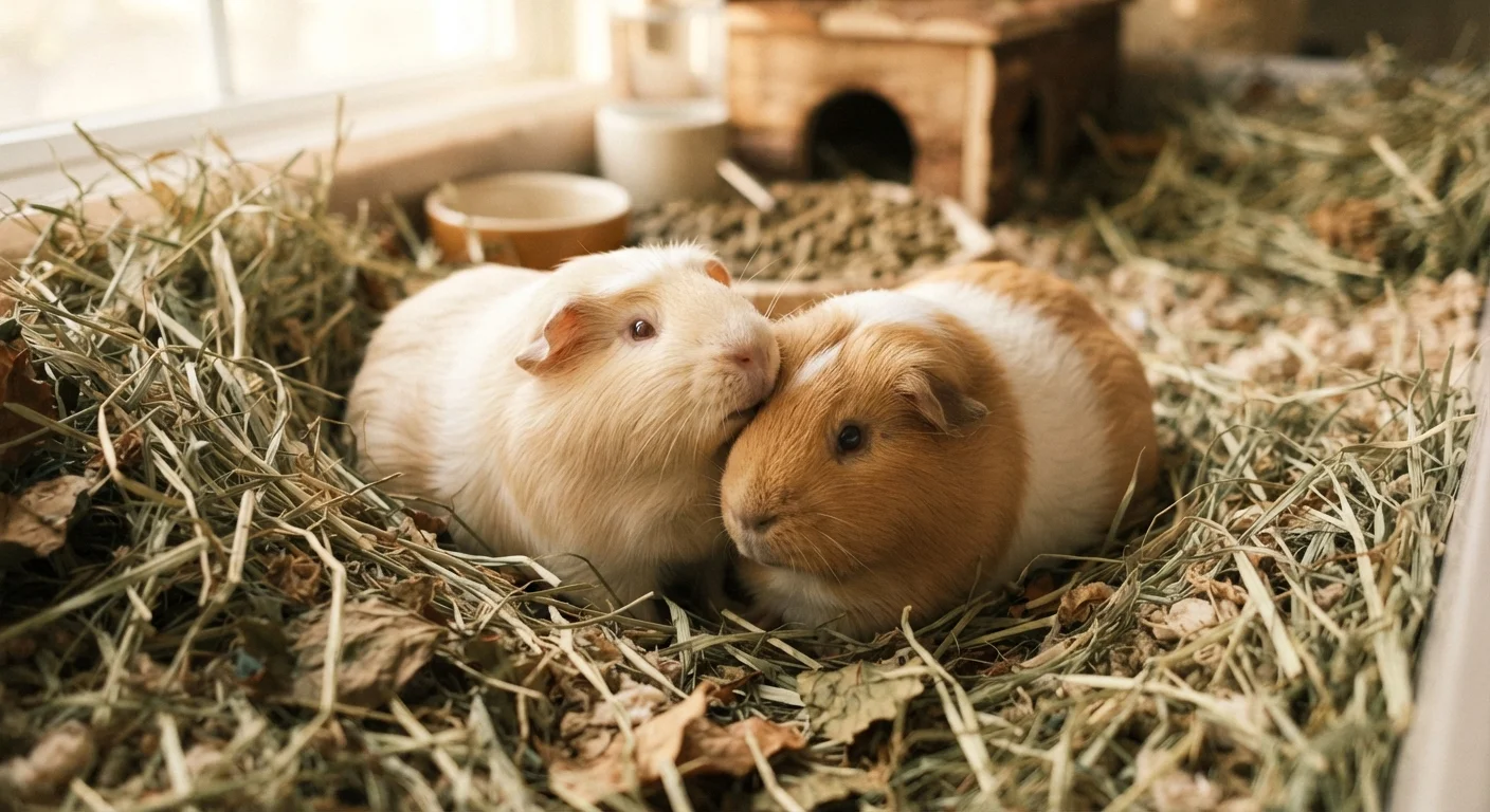 Two guinea pigs sitting side by side on hay bedding inside a comfortable enclosure
