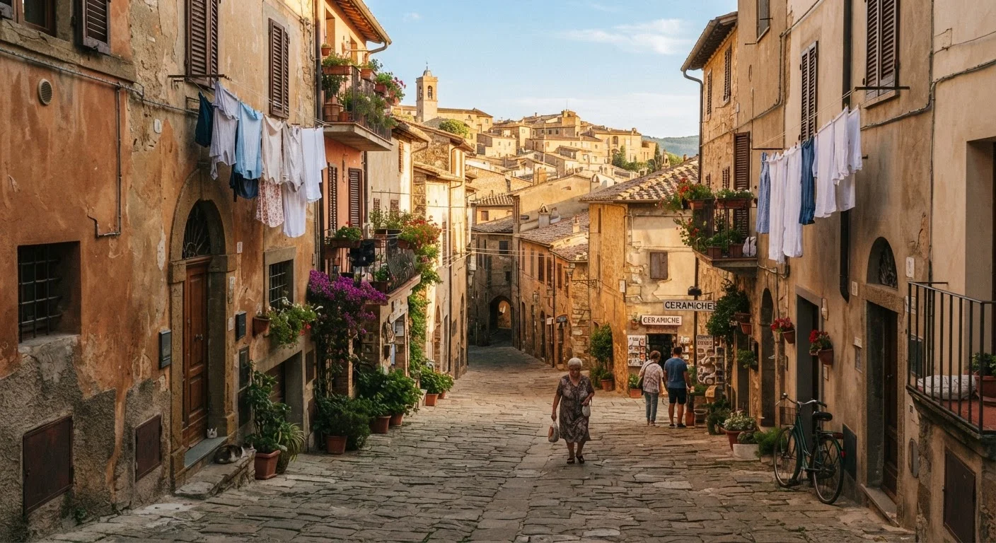 Sunlit cobblestone street in an Italian hill town with terracotta rooftops and laundry lines